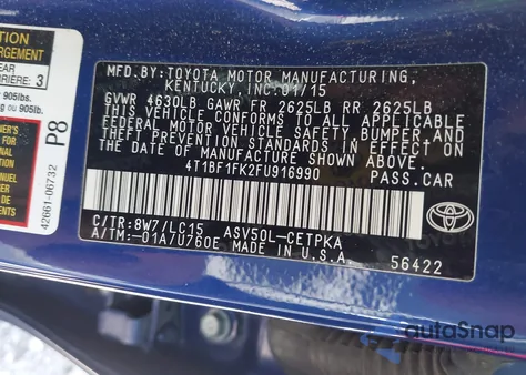 2015 Toyota Camry Xse from USA, damaged, VIN 4T1BF1FK2FU916990